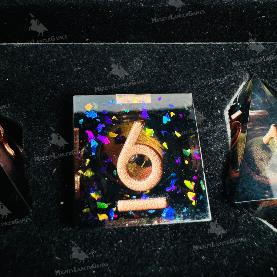 Pumpkin Liquid Core Dice in Case With Bronze Numbers