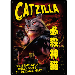 Horror Cats Catzilla Large Tin Sign.&nbsp; It started as belly rubs, it became war! A fun edition to your home decoration this large tin sign will be great for a cat lover, movie fan or just for fun.