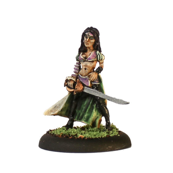 Cacciatore 4 by Oakbound Stuido. A lead pewter miniature of a female with her hair down, wearing a cropped bra top and boots, holding a sword for your tabletop and RPGs. 