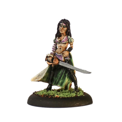 Cacciatore 4 by Oakbound Stuido. A lead pewter miniature of a female with her hair down, wearing a cropped bra top and boots, holding a sword for your tabletop and RPGs. 