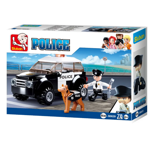 A toy police car set with a blac...