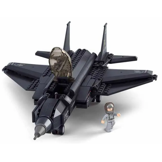 A black and dark grey toy fighte...