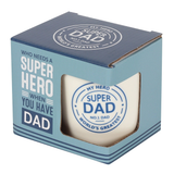 A white mug with a blue handle and the words My Hero Super Dad No1 Dad World's Greatest in blue in a circle design making a great gift and showing the father figure in your life that they are the best whether it is a birthday, Christmas, Fathers Day or you just want to let them know how great they are.