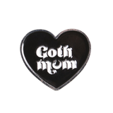 Goth Mum pin badge, a black heart with the words Goth Mum in white on a silver back with the U from Mum being a crescent moon making a wonderful edition to your keys or as a gift for a gothic mummy.  
