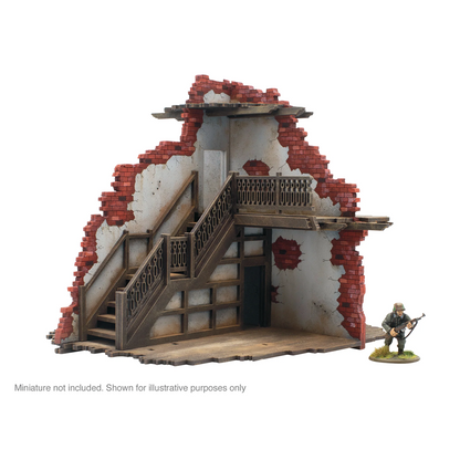 MDF tabletop scenery 2 Storey Building (Internal with Staircase). Miniature model of a rustic building with red brick accents on a white background