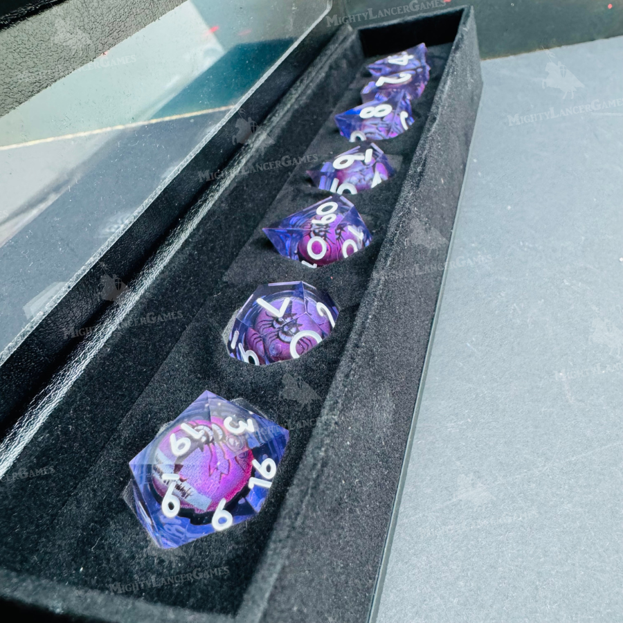 Spider Wearing a Hat Purple Liquid Core Dice Set