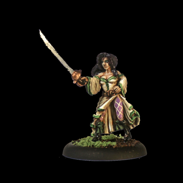 Cacciatore 2 by Oakbound Stuido. A lead pewter miniature of a female with her hair down, wearing a long dress, boots and holding a sword for your tabletop and RPGs. 