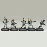 Paranormal Exterminators 3 by Crooked Dice.  A set of five metal figures representing suited and booted spirit busters looking for ghosts, making a great edition to your RPG and tabletop gaming needs. 