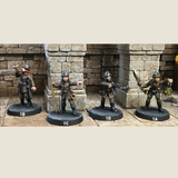 Town Guard 1 by Crooked Dice.&nbsp; A set of four metal figures representing female towns guard wearing helmets with one blowing a horn, another pointing holding&nbsp; a spear, one with a crossbow and the last with a sword and lantern making great editions to your RPGs, tabletop gaming, town scenery and more&nbsp;