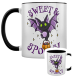 Sweet & Spooky Bat Mug.  A white mug with black inner featuring a super cute bat carrying a Halloween sweet haul and the words Sweet & Spooky making a great edition to your mug collection or as a gift for a friend. 