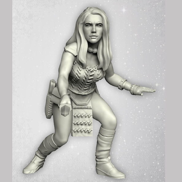 Savage Companion by Crooked Dice.&nbsp; A metal figure female holding a knife out in front of her and wearing knee high boots for your tabletop gaming needs.&nbsp;