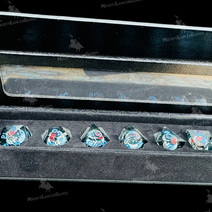 Red Spider Liquid Core Dice in Case With Blue Numbers
