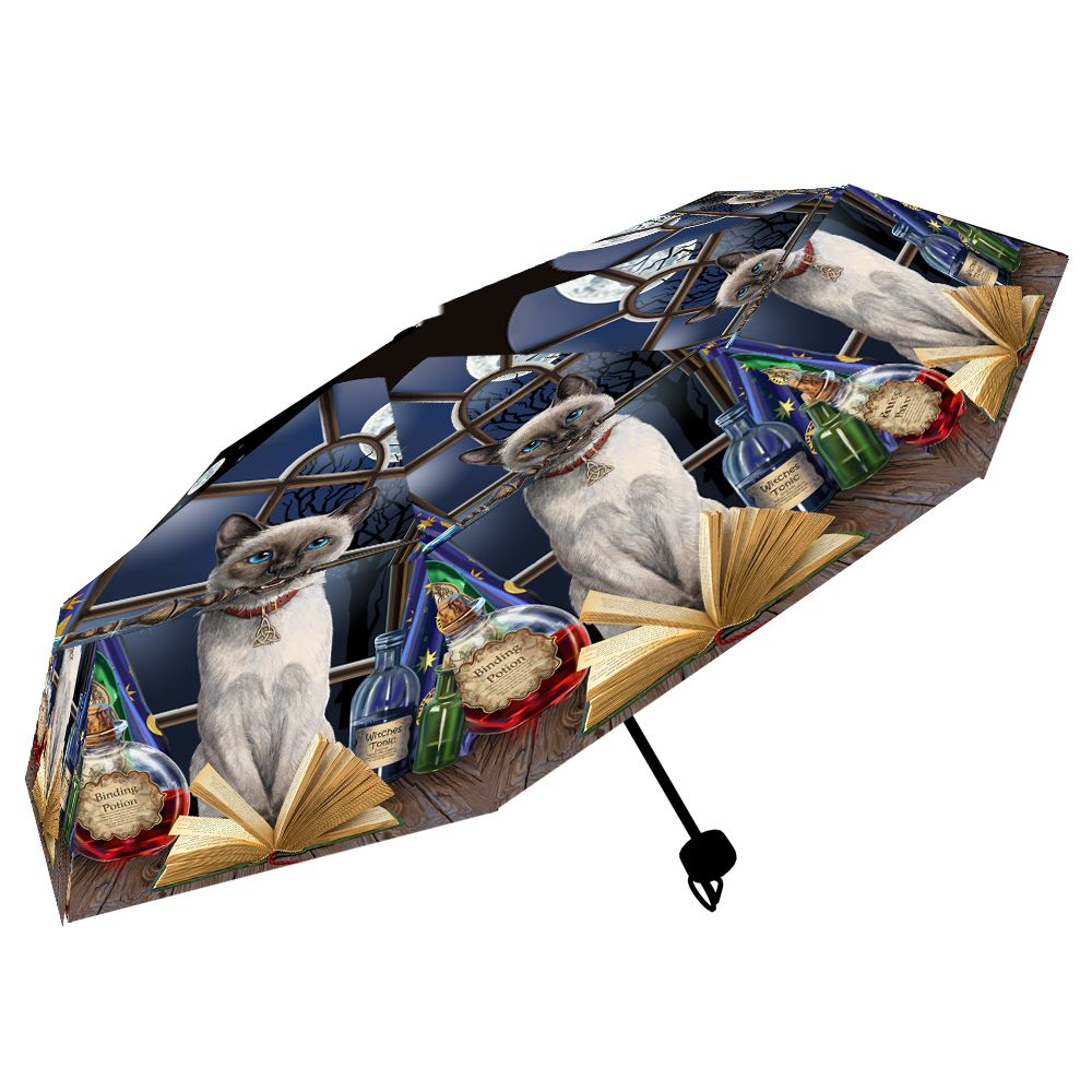 Hocus Pocus umbrella from the magical mind of Lisa Parker helping you to keep dry and be stylish with its repeat picture of a blue point Siamese cat wearing a red collar decorated with a triquetra talisman sat in front of a window with a wand in her mouth and a spell book open in front of her making a wonderful edition to your rainwear or as a gift for a cat loving friend. 