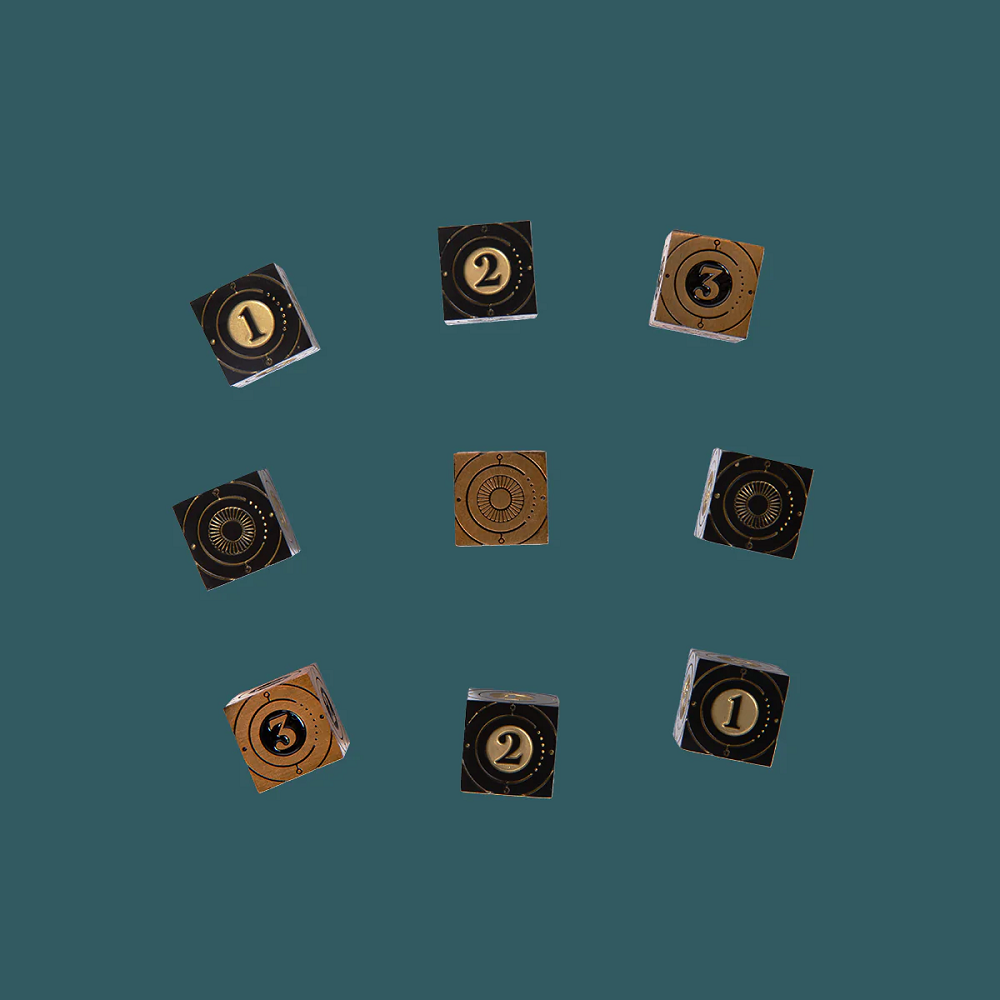 Candela Obscura Premium Dice, a pack of nine sharp edged zinc alloy six sided premium dice with beautifully engraved numbering with symbols and etchings. Use these in the role playing game Candela Obscura to uncover mysterious phenomena, wield powerful artefacts and stop dangerous incursions from beyond our realm