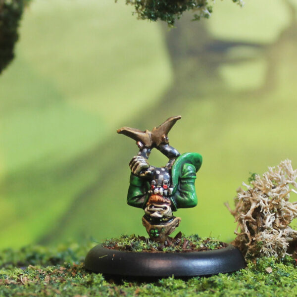 Leprechauns by Oakbound Studio. A pack of three lead pewter miniatures of mischievous leprechaun characters including one standing on his head and one pointing