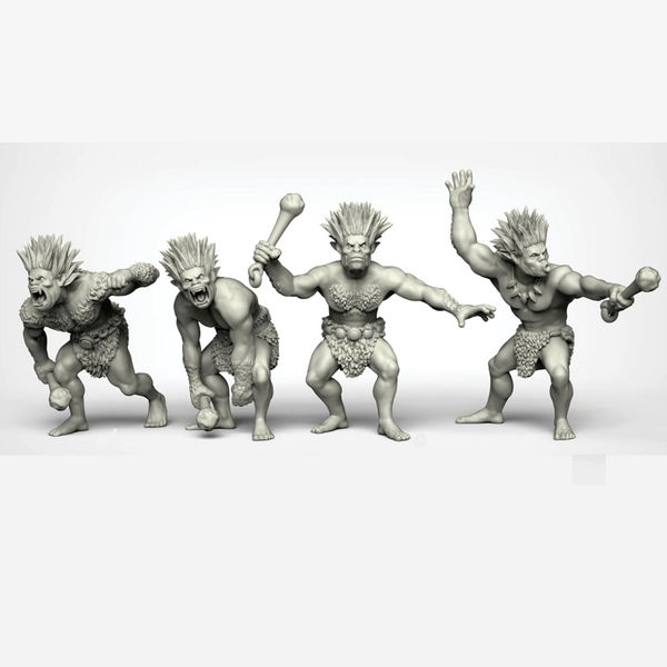 Man Apes Cultists by Crooked Dice, a set of four white metal 28mm scale miniatures for your RPG or tabletop game holding bones club like weapons and wearing furs.