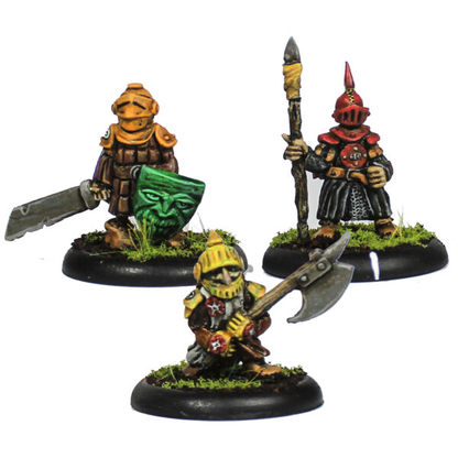 Bogle Warriors set number 2 by Oakbound Studio. A set of three multi part lead pewter miniatures of goblin warriors wearing  armour, carrying various weapons and being full of character