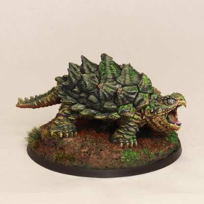 07107 Giant Snapping Turtle sculpted by Jason Wiebe from the Reaper Miniatures Bones USA Dungeon Dwellers range. A great monster for your gaming table representing a turtle with an open mouth.   Shown painted by Darryl Roberds next to Garrick The Bold (known as Sir Forscale) to give an idea of scale. 