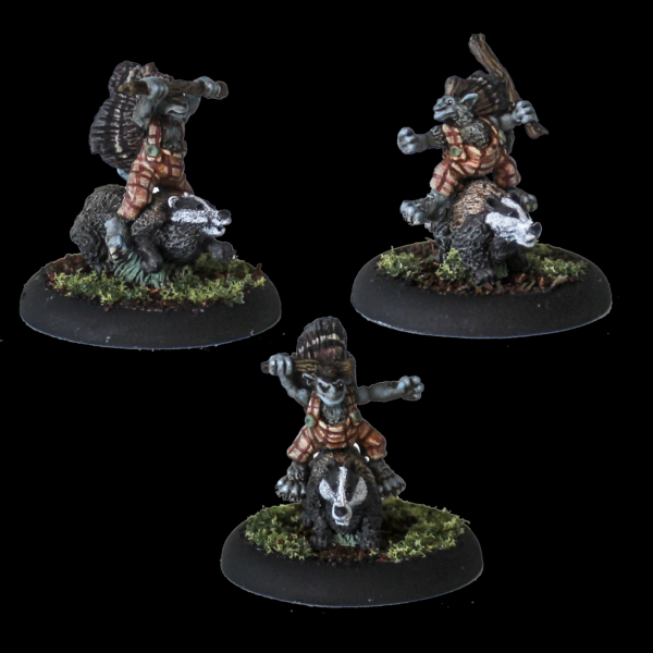 Pixie Badger Riders by Oakbound Studio. A pack of three multipart lead pewter miniatures supplied with 30mm round lipped bases. These fierce pixies can be used riding their badger steeds or on foot 