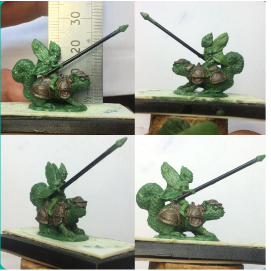 Bad Squiddo Games Fairy Cavalry Set.  A pack of five metal miniatures representing fairies holding spears with three riding squirrels, one riding a fox and one riding a bore