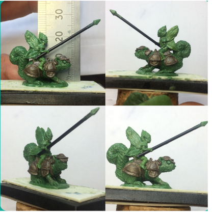 Bad Squiddo Games Fairy Cavalry Set.  A pack of five metal miniatures representing fairies holding spears with three riding squirrels, one riding a fox and one riding a bore