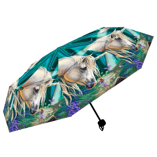 Fairy Whispers Umbrella from the magical mind of Lisa Parker helping you to keep dry and be stylish with its repeat picture of fairy standing on a fallen tree branch reaching upwards to greet a majestic unicorn touching its nose making a wonderful edition to your rainwear or as a gift for a fairy tale loving friend. 