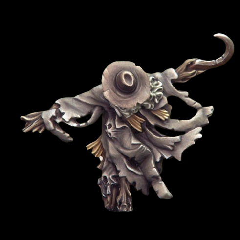 Mister Mangel by Crooked Dice, one 28mm scale white metal miniature for your RPG or tabletop game representing a creepy scarecrow holding a sickle with his head down.