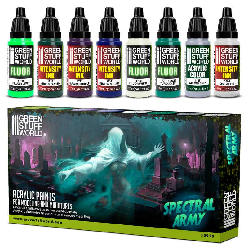 Spectral Army Paint Set by Green Stuff World. A set of 8 acrylic paints with an opaque and smooth matt finish great for your undead army. Made using the new Green Stuff World Maxx Formula and are provided in dropper bottles for easier flow control. 