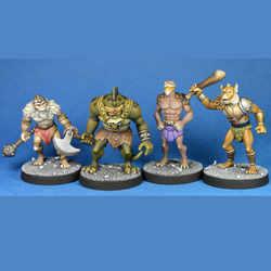 Beastmen 2 by Crooked Dice a set of four white metal 28mm miniatures for your tabletop games, representing humanoid creatures including a birdman and lizardman that you could use in many RPGs or 80s nostalgia games.   