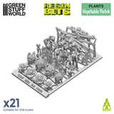 Vegetable Patch from the Resin Bits by Green Stuff World. A pack of 21 3D printed ABS-like resin veggies including carrots and cauliflowers for you to use on your miniatures bases, magical woodland scene dioramas and other hobby projects.