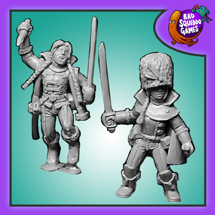 Bad Squiddo Games Vampire Hunters. A pack of two metal miniatures one being a female holding a sword in one hand and a stake in the other hand and the second miniature with a sword in one hand and wearing a bearskin