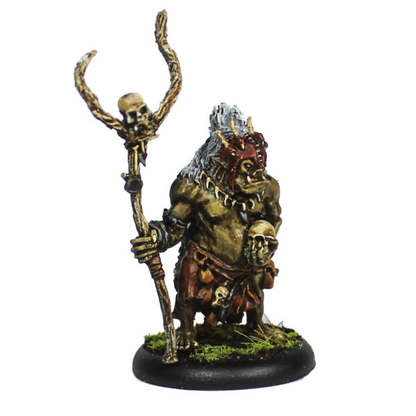 Stallu Noaidi by Oakbound Studio. A multi part lead pewter miniature of a warrior shaman holding a skull in one hand and a staff in the other