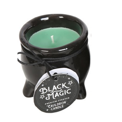 Luck Black Magic Scented Cauldron Candle. Juniper and Eucalyptus aromas feature in this candle nestled inside a cauldron shaped container. 