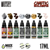 Chaotic Soldiers Paint Set by Green Stuff World. A set of 8 acrylic paints with an opaque and smooth matt finish. Made using the new Green Stuff World Maxx Formula and are provided in dropper bottles for easier flow control. 