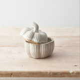 Pumpkin Lidded Container- Natural 9.5cm. A natural colour lidded container in a pumpkin shape. This ceramic decorative item has a white, beige colour making a sophisticated and useful edition to your home
