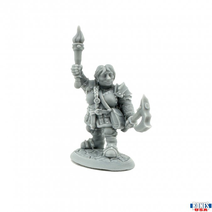 Printed miniature of Hargret Ironthumb, Dwarf Heroine by Jason Wiebe. Features detailed armour, braided hair, torch, axe, and textured base. Bones USA RMPrint quality.