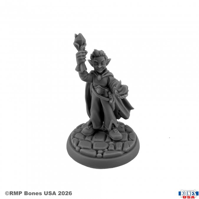 A gray unpainted tabletop gaming miniature figurine of a fantasy elf character holding a glowing object, standing on a circular stone-textured base against a white background. 30258 Wizard Boy - Reaper Bones USA