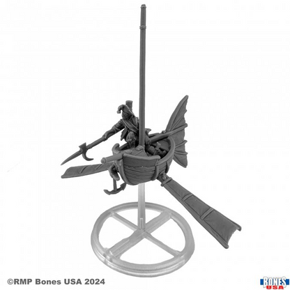 Gray model of a ship with a figure on a white background, featuring the RMP Bones USA logo. 30276 Pirate Air Boat - Bones USA Reaper Legends
