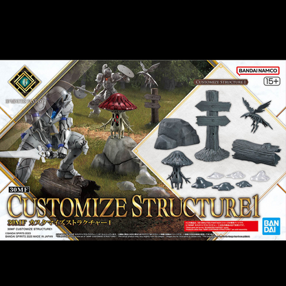 Bandai Namco 3MF Customize Structure 1 toy kit packaging, featuring fantasy creature figures, a stone goblin, and various terrain pieces like a mushroom, crossroads sign, and logs on a white and gold background. 30MF Customise Structure 1  Gunpla Monsters & Scenery