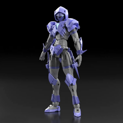 A 1/12 scale plastic action figure of a sci-fi female warrior in armour, colored in lavender purple and gray, standing on a reflective black surface against a dark background. 30MF Liber Assassin - Bandai Gunpla