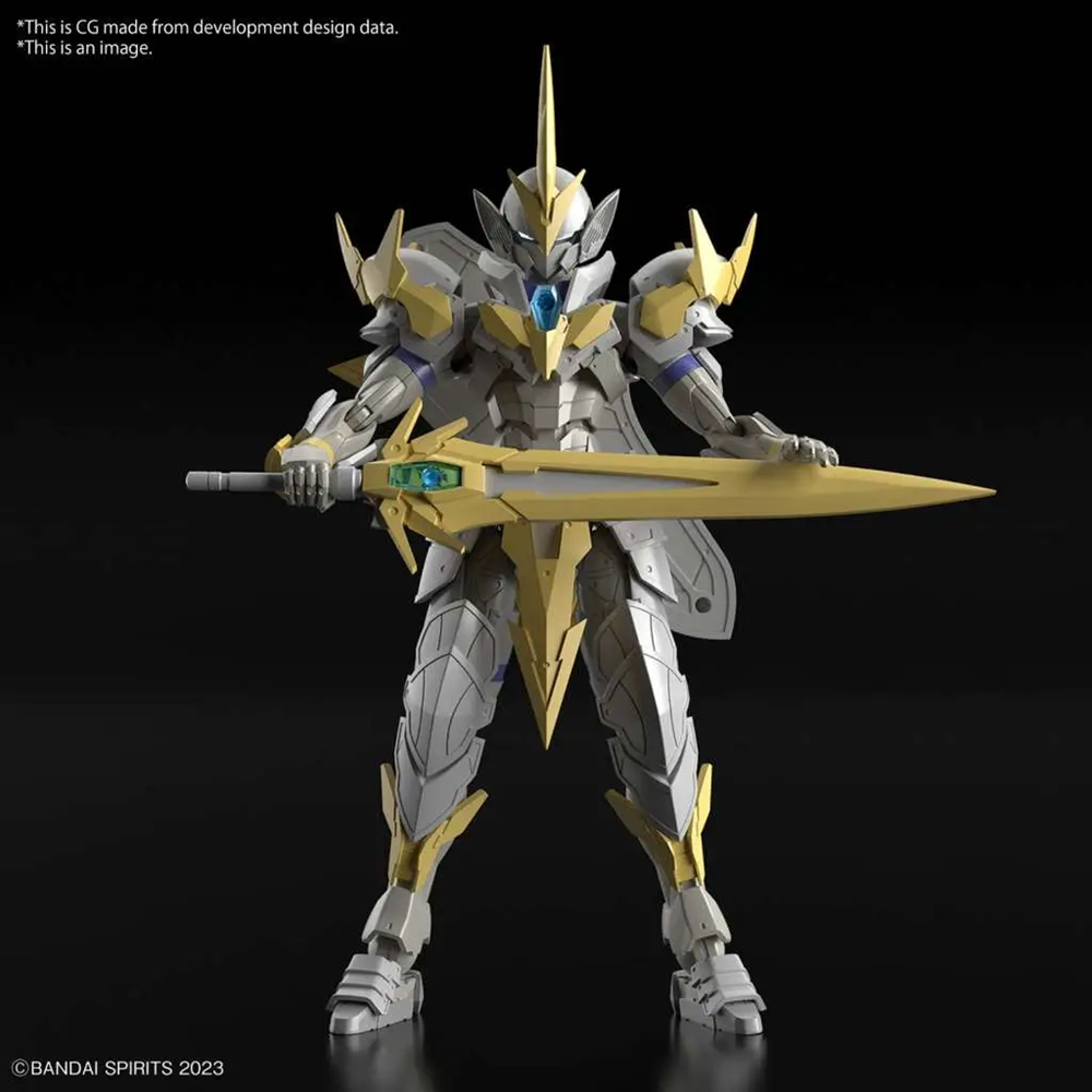 A detailed sci-fi mecha action figure in metallic silver and gold armour, holding a large gold sword, set against a solid black background. 30mf Liber Holy Knight – Bandai Gunpla