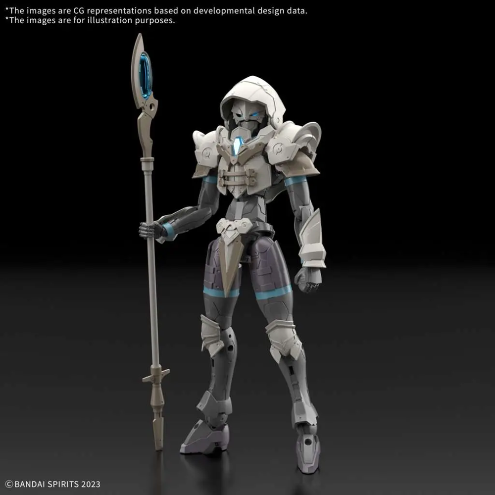 Mechanical figure with a spear on a black background, featuring Bandai Spirits branding. 30mf Liber Wizard Bandai Gunpla
