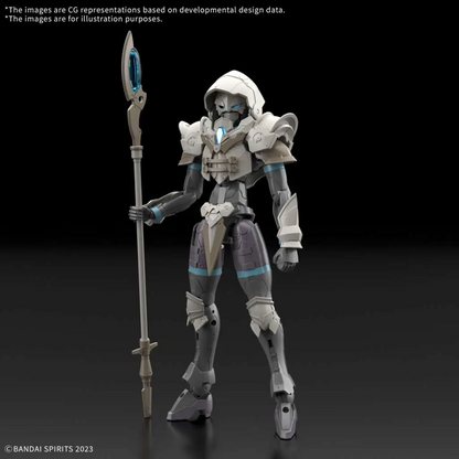 Mechanical figure with a spear on a black background, featuring Bandai Spirits branding. 30mf Liber Wizard Bandai Gunpla