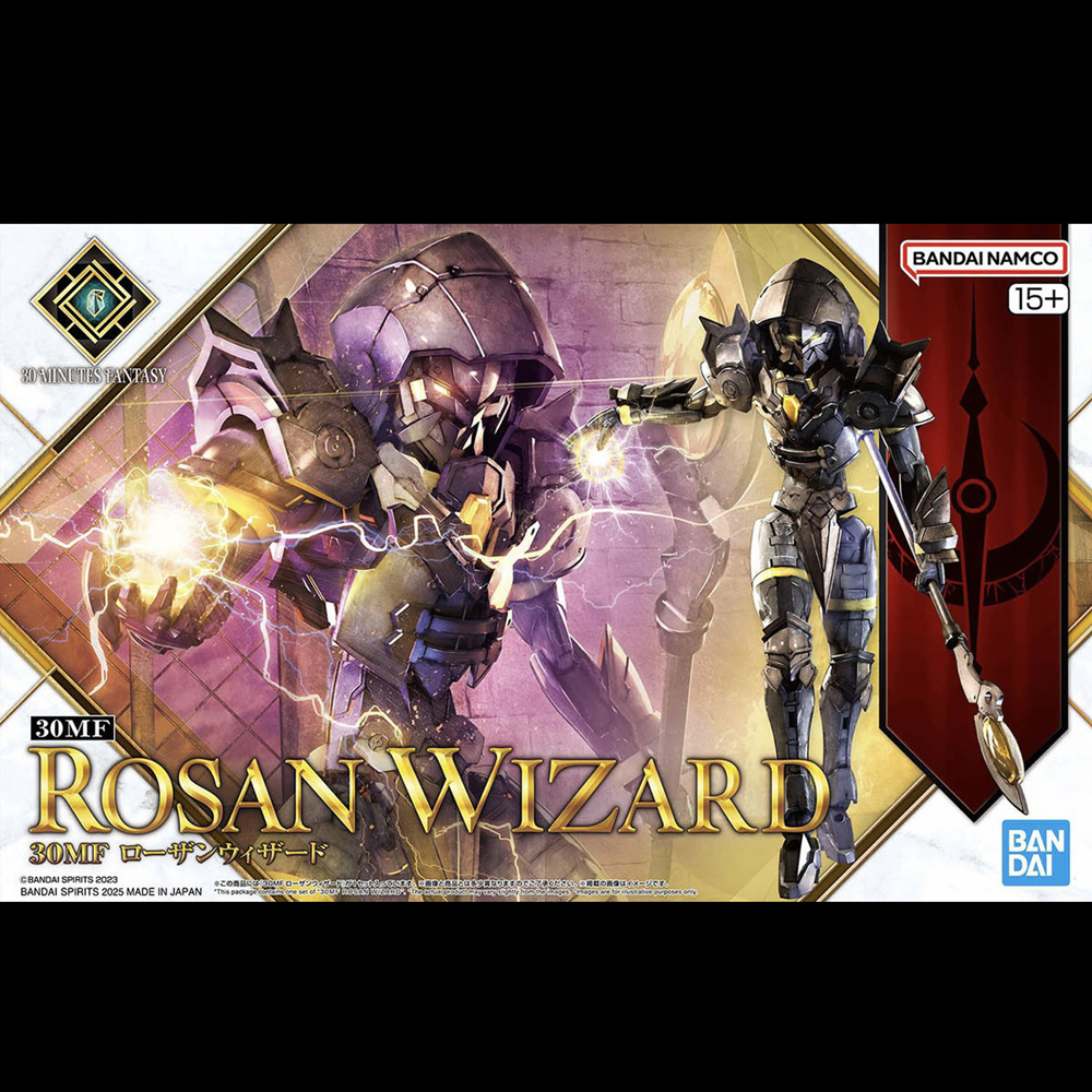 Bandai Namco 30MF Rosan Wizard 3DMF Gundam Build Meets action figure box art, featuring a purple armored robot and a black-and-gold wizard mecha on a stylized purple and gold background. 30mf Rosan Wizard Bandai Gunpla