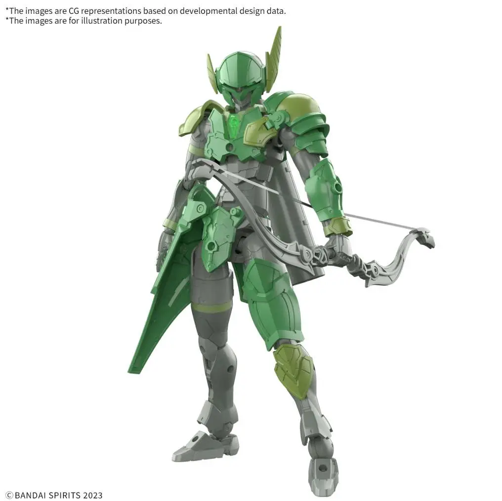 Bandai Spirits 3D System action figure of a green and gray armored archer, holding a bow and arrow, on a white background with text overlays. Archer