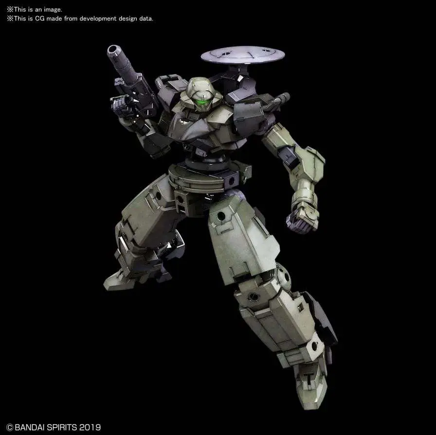 A detailed CGI render of a sci-fi mecha robot in olive green and grey armour, holding a rifle, set against a solid black background with copyright text at the bottom. 30mm Bexm-14t Cielnova Green