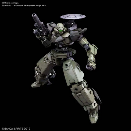 A detailed CGI render of a sci-fi mecha robot in olive green and grey armour, holding a rifle, set against a solid black background with copyright text at the bottom. 30mm Bexm-14t Cielnova Green