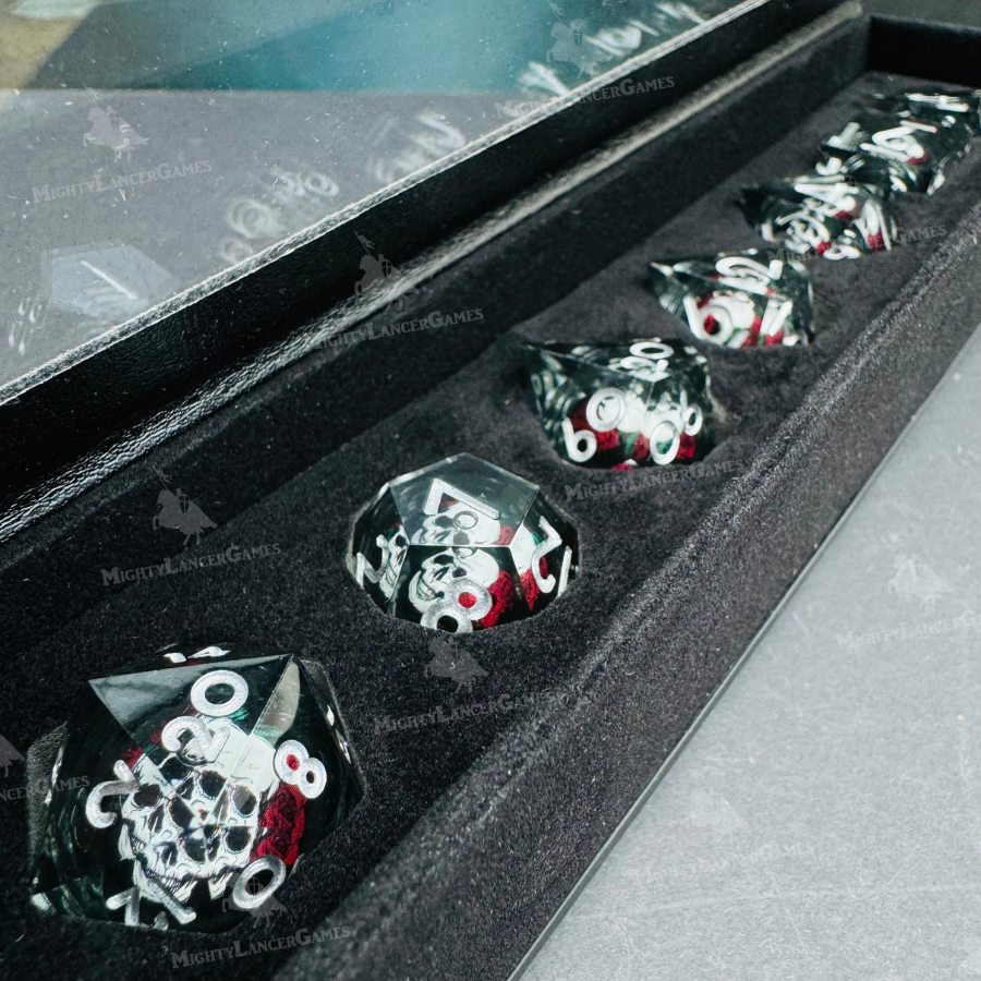 White Skull Liquid Core Dice in Case With Silver Numbers