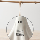 Hello Pumpkin Hanging Ghost Ornament. This adorable ghost is white with 'Hello Pumpkin' printed in black