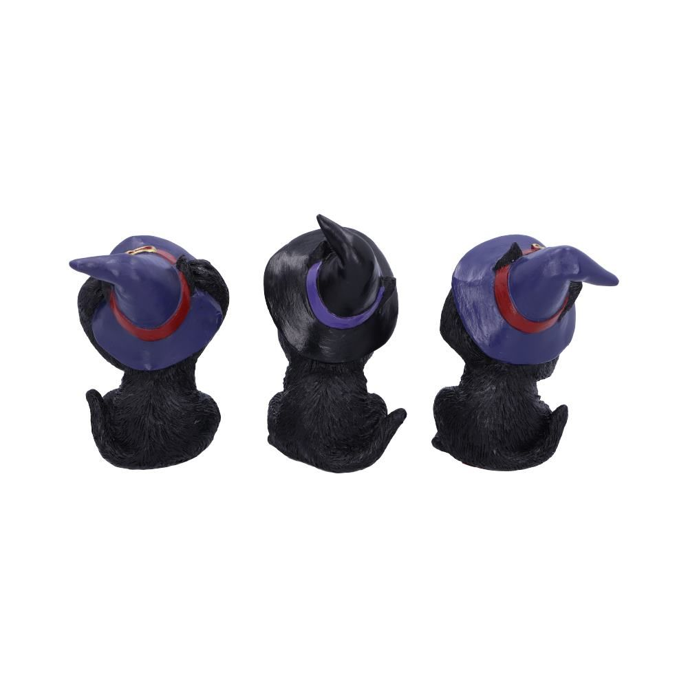 Three Wise Familiar Cats from Nemesis Now. A set of three black cats wearing witches hats and in the typical See No Evil, Hear No Evil, Speak No Evil poses making a wonderful edition to your collection or for a feline loving friend.